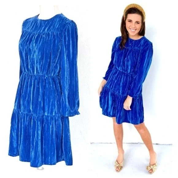 ZARA cerulean blue dress Velvet Valore long sleeve tiered mini sapphire